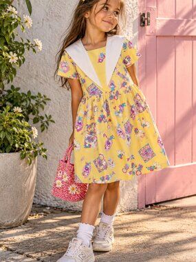 Vintage 90s Carrousel Girls Strawberry Sailor Dress Yellow Fruit Print Size 6
